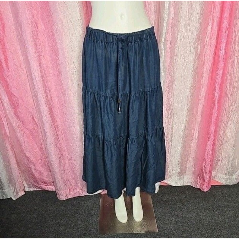 Frye and Co. Chambray Blue Denim Layered Western Boho Maxi Skirt Size Medium - Picture 2 of 12